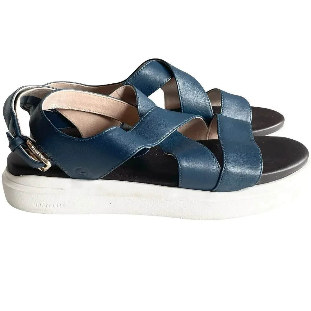Cole Haan GrandPro Rally Castine Platform Sandal Blue Soze 6.5B‎ Strappy Leather